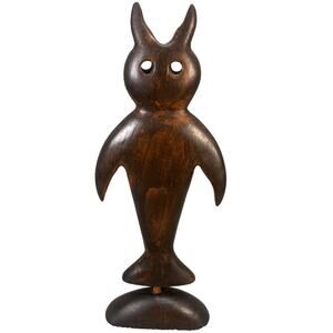 Vintage Hand Carved Polished Wood Owl Figure Sculpture Statuette Circa 1960s
